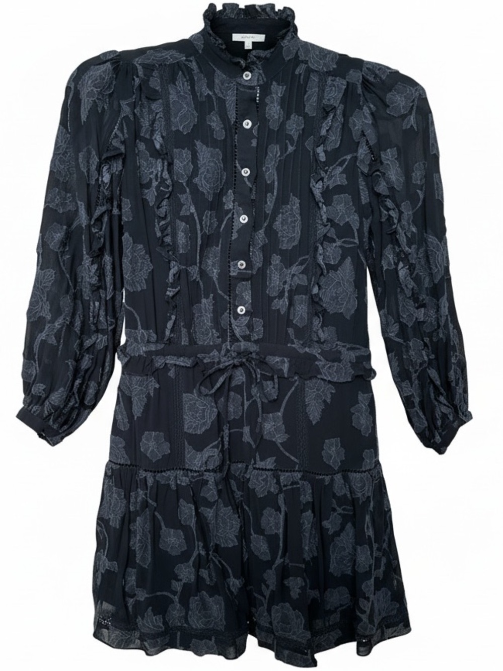 Joie Black Blue Floral Ruffle-Trim Mini Dress